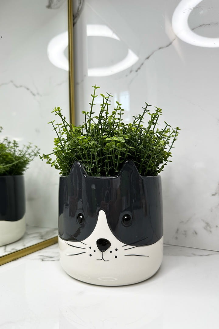 Černobílý keramický květináč ve tvaru kočky