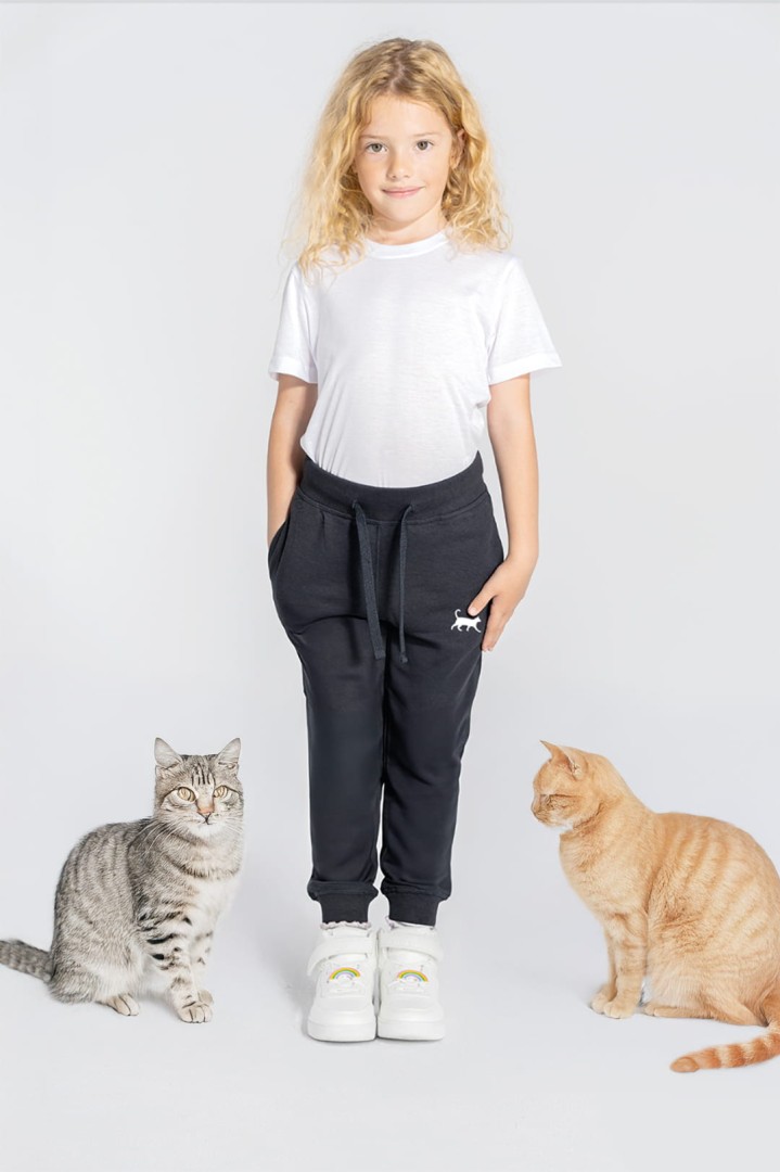 Námořnicky modré dětské tepláky s kočičkou