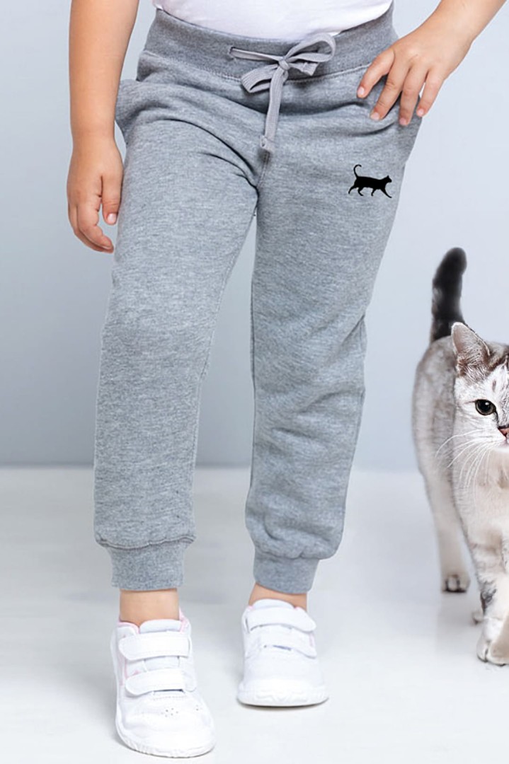 Dětské kalhoty šedé s kočkou