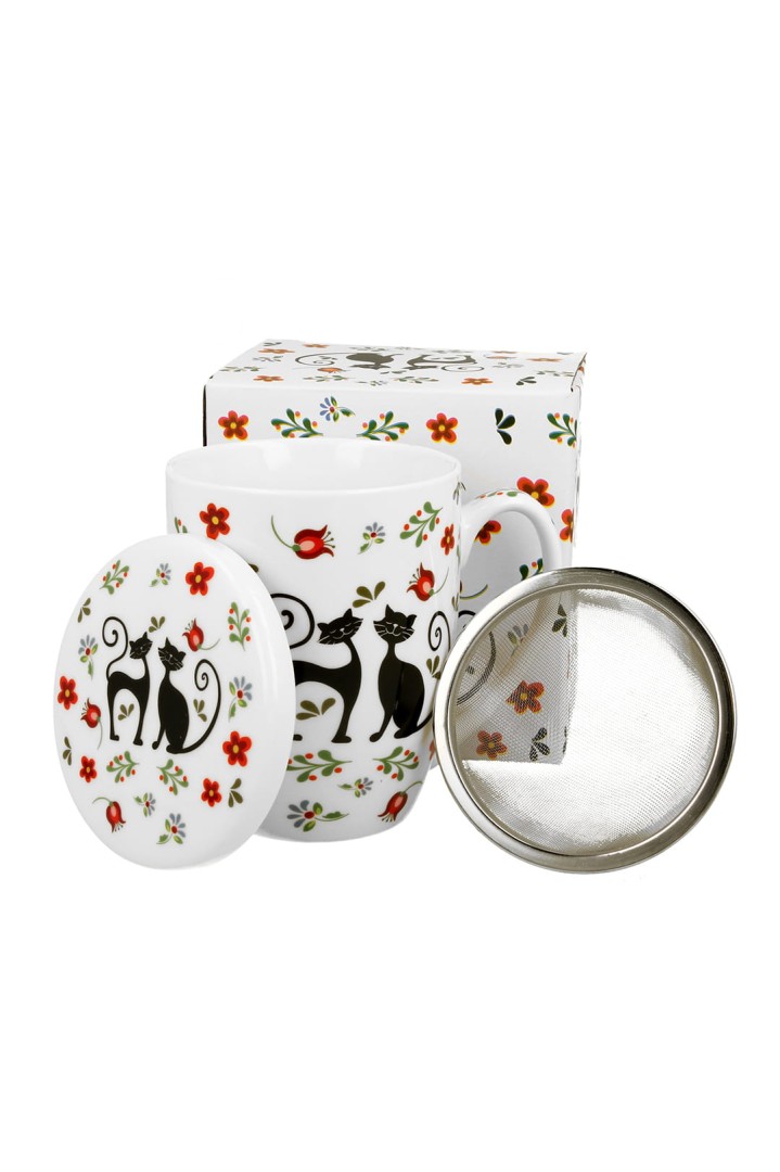 Hrnek s vařečkou a víčkem s motivem etno koček a květin