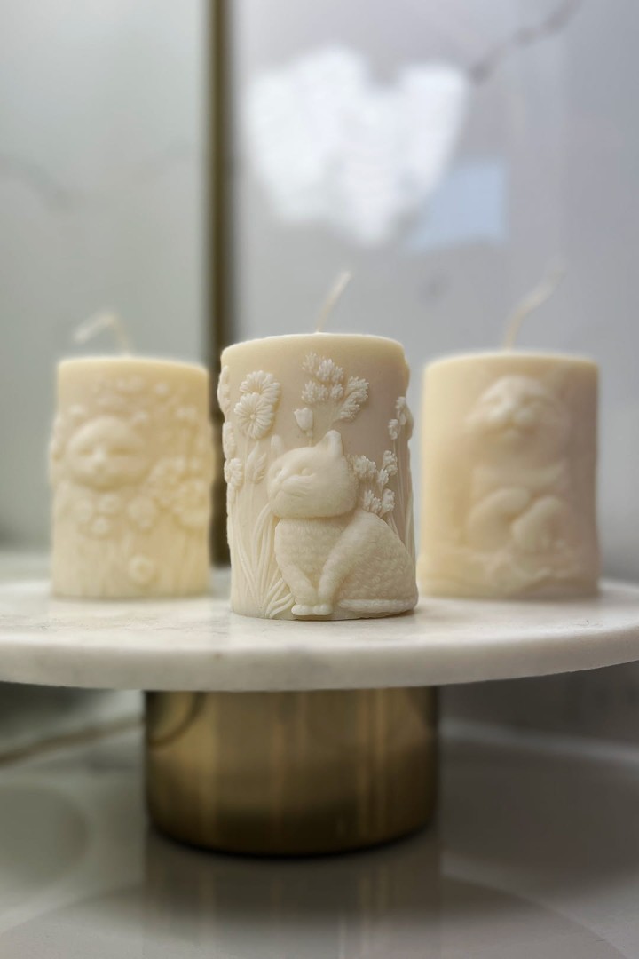 Sada sójových svíček 3v1 - kočka v trávě, na louce a umělecké kotě