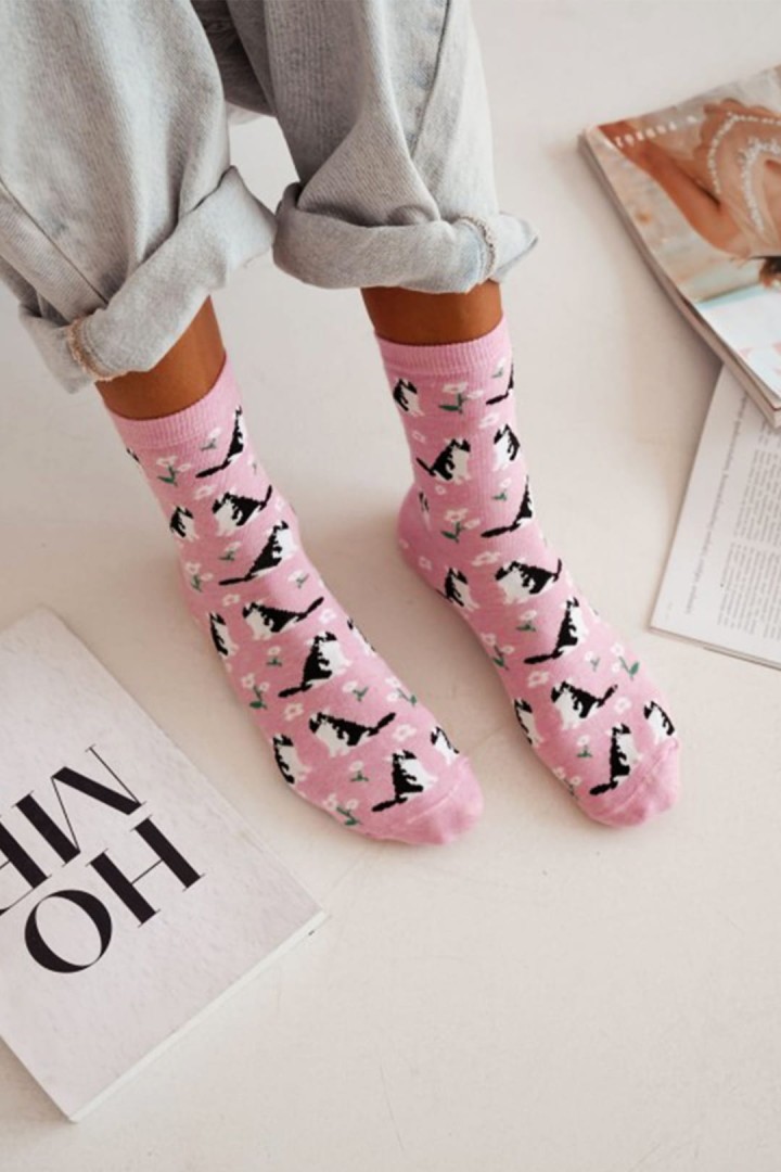 Dámské ponožky s kočkami a květinami dárek pro kočičí dámu velikost 37-41