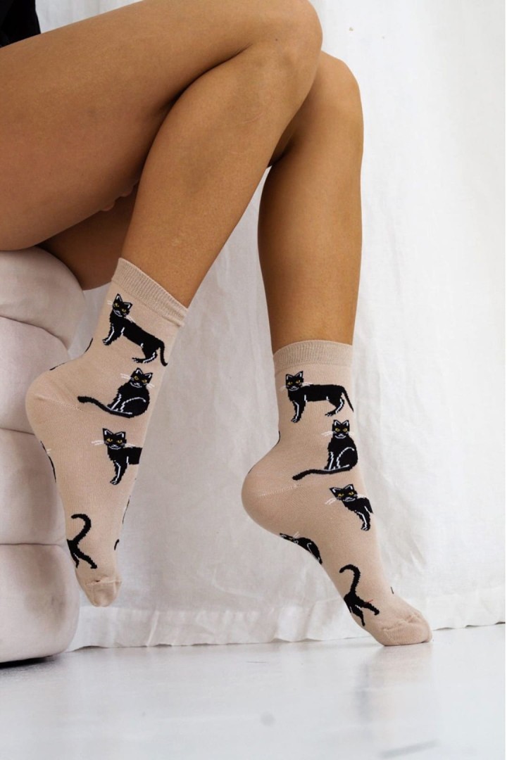 Dámské vysoké ponožky v černé barvě kočky dárek pro kočičí dámu
