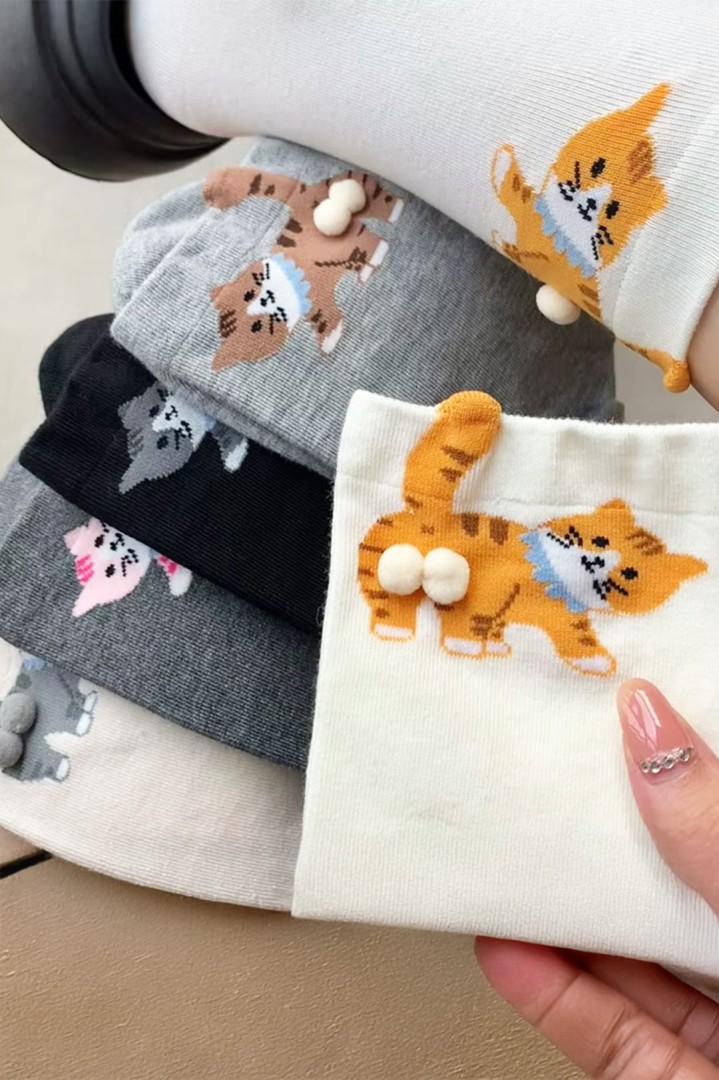 Sada 5x párů ponožek s kočkou a 3D vajíčky dárek pro kočičí lidi