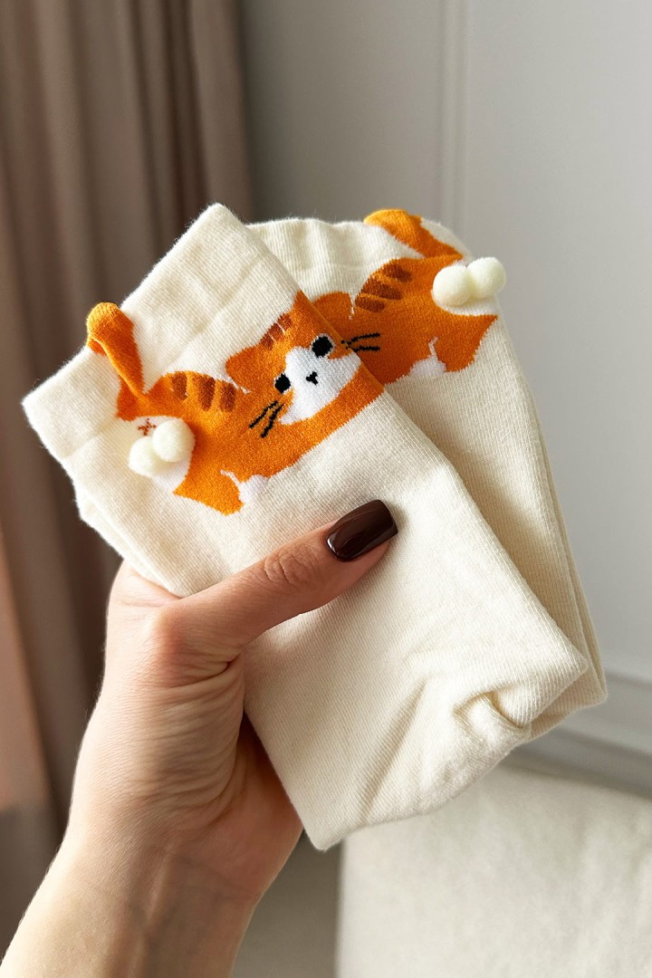 Ponožky s kočkou a vejci 3D ecru dárek pro kočičí lidi