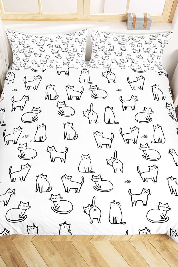 Ložní prádlo 220 x 200 cm s motivem kočičích obrysů + 2 povlaky na polštáře pro milovníky koček