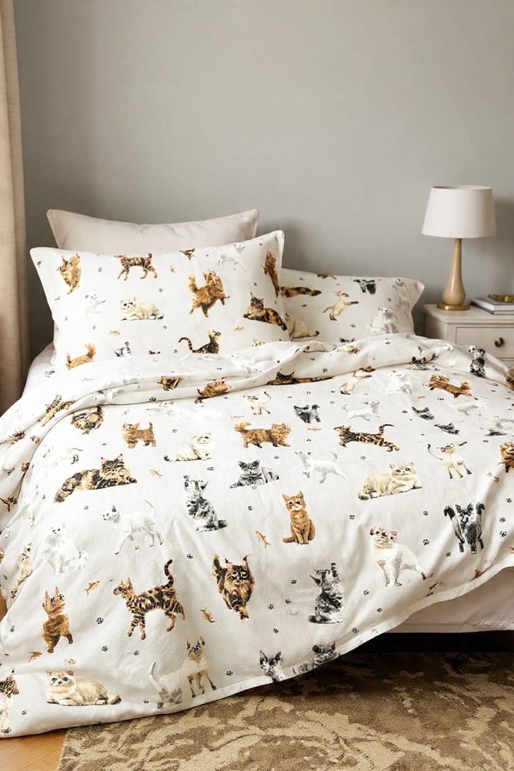 Bavlněné povlečení s motivem plemenných koček, rozměry 220 x 200 cm + 2 povlaky na polštáře, vyrobeno v Polsku