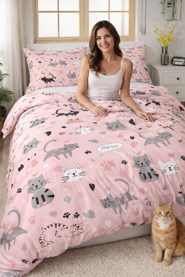 Sada růžového povlečení s kočkami, 160 x 200 cm + 2 povlaky na polštáře
