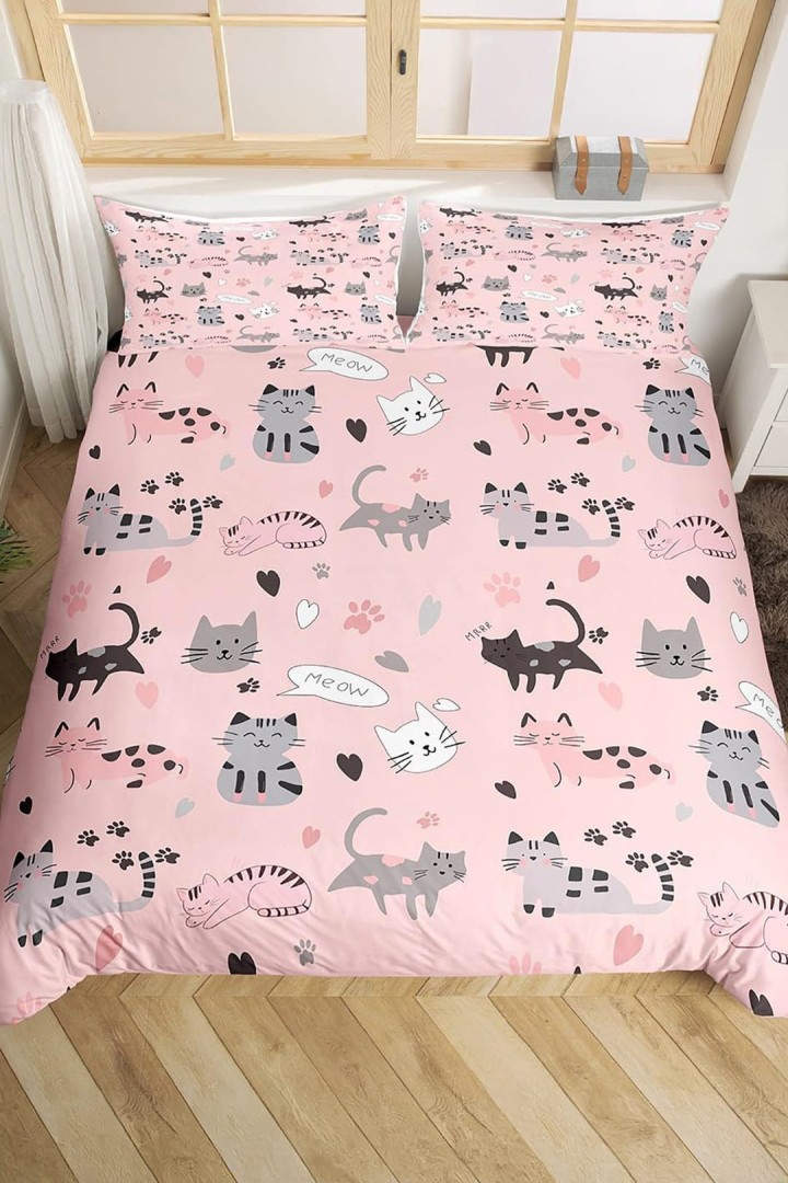 Sada růžového povlečení s kočkami, 220 x 200 cm + 2 povlaky na polštáře