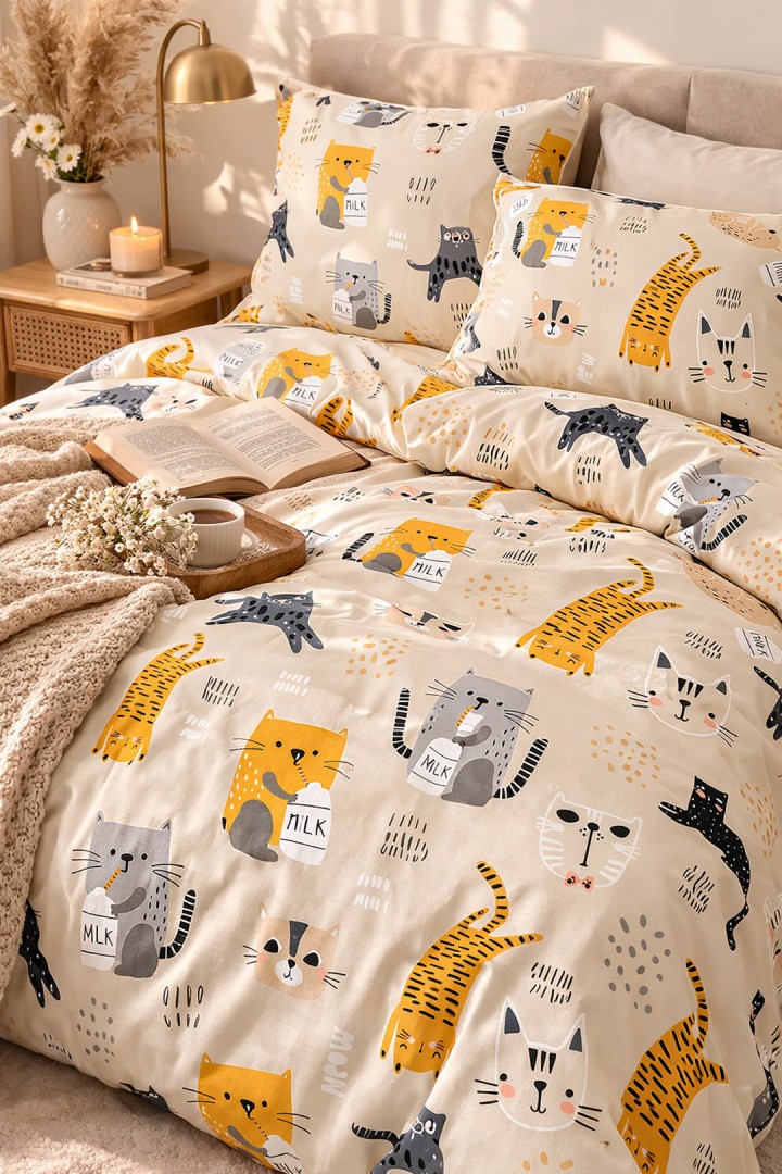 Sada bavlněného povlečení s motivem koček, 200 x 220 cm