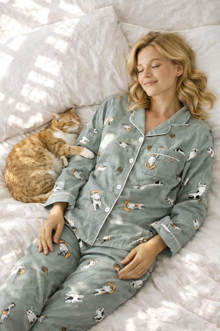 Kočičí pyžamo s dlouhými rukávy zelené