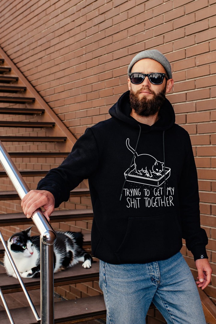 Mikina s kapucí s motivem kočičího odpadkového koše