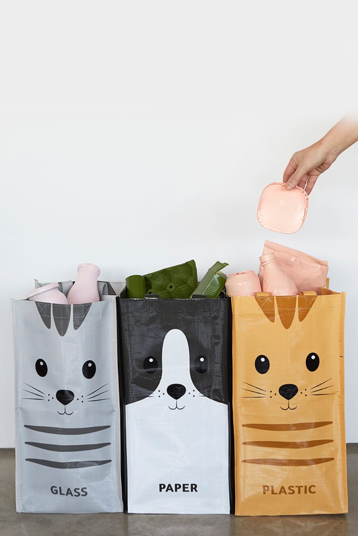 Sada 3 pytlů na odpadky s recyklačním motivem kočky