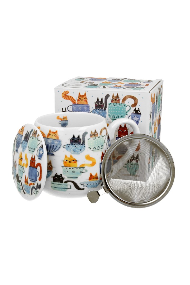 Porcelánový hrnek s kočkami a čajovým sítkem
