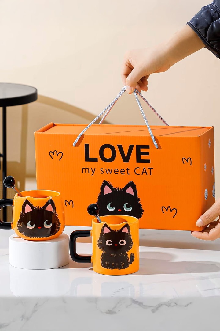 Sada 2 dárkových hrnků pro kočky + 2 lžičky